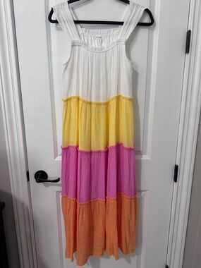 Tiered Colorblock MIDI Dress - White, Yellow, Pink, Orange